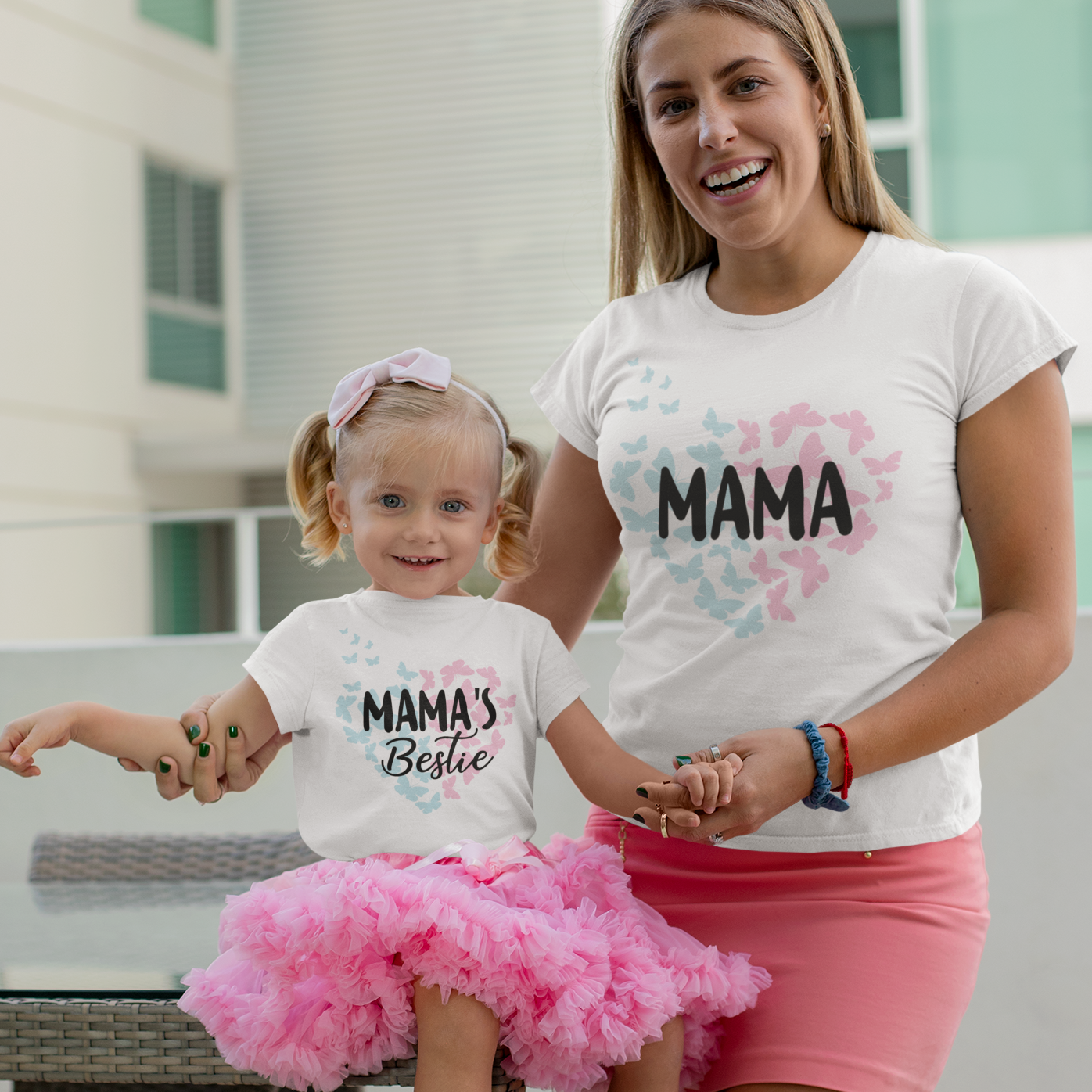 Matching Mama and Mama's Bestie Pastel Pink and Blue Butterflies Heart T-shirts